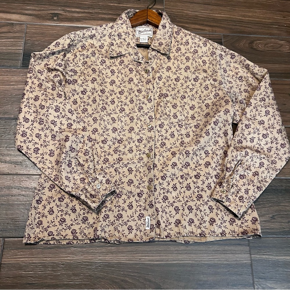 Woolrich Women Button Down Shirt‎ Blouse XL Tan Brown Floral Pattern Long Sleeve